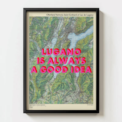 Lugano Retro Pop Art Map Print (portrait) - black frame mockup - Magic Posters