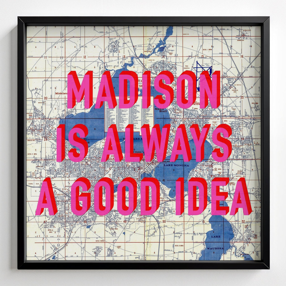 Madison Retro Pop Art Map Print Wisconsin (Square) - black frame mockup - Magic Posters