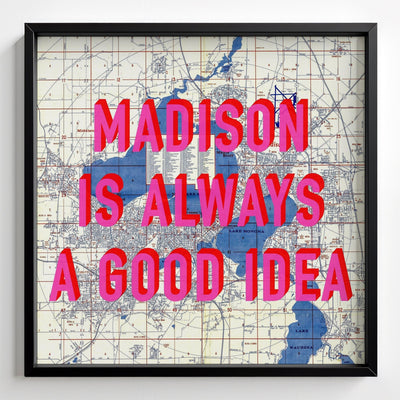 Madison Retro Pop Art Map Print Wisconsin (Square) - black frame mockup - Magic Posters