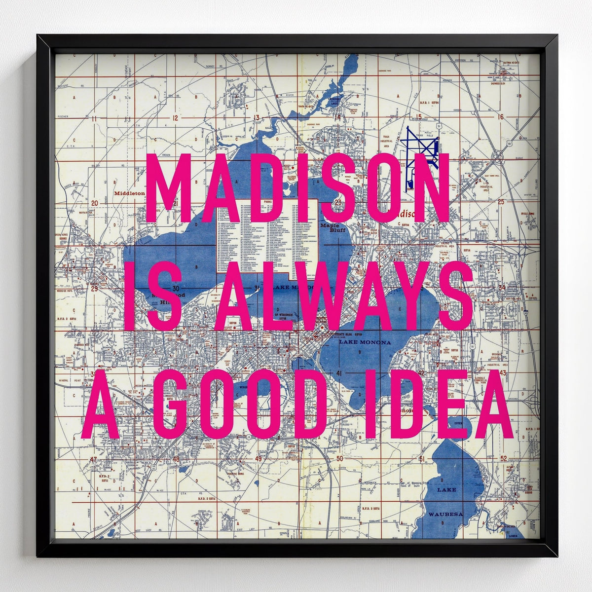 Madison Retro Pop Art Map Print Wisconsin (Square) - black frame mockup - Magic Posters