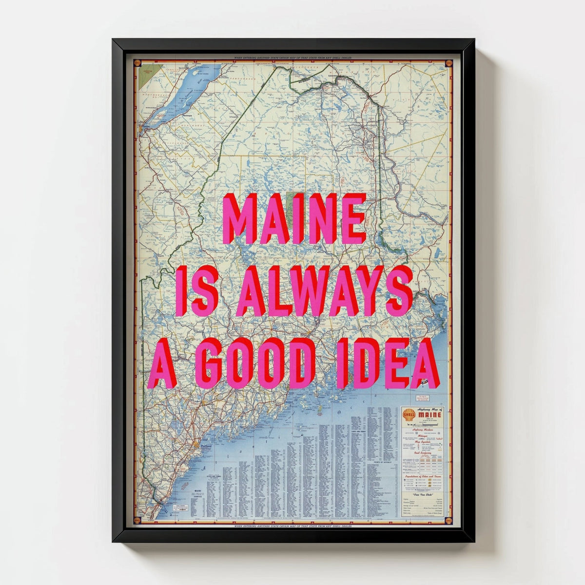 Maine Retro Pop Art Map Print - black frame mockup - Magic Posters