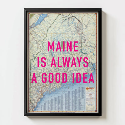 Maine Retro Pop Art Map Print - black frame mockup - Magic Posters