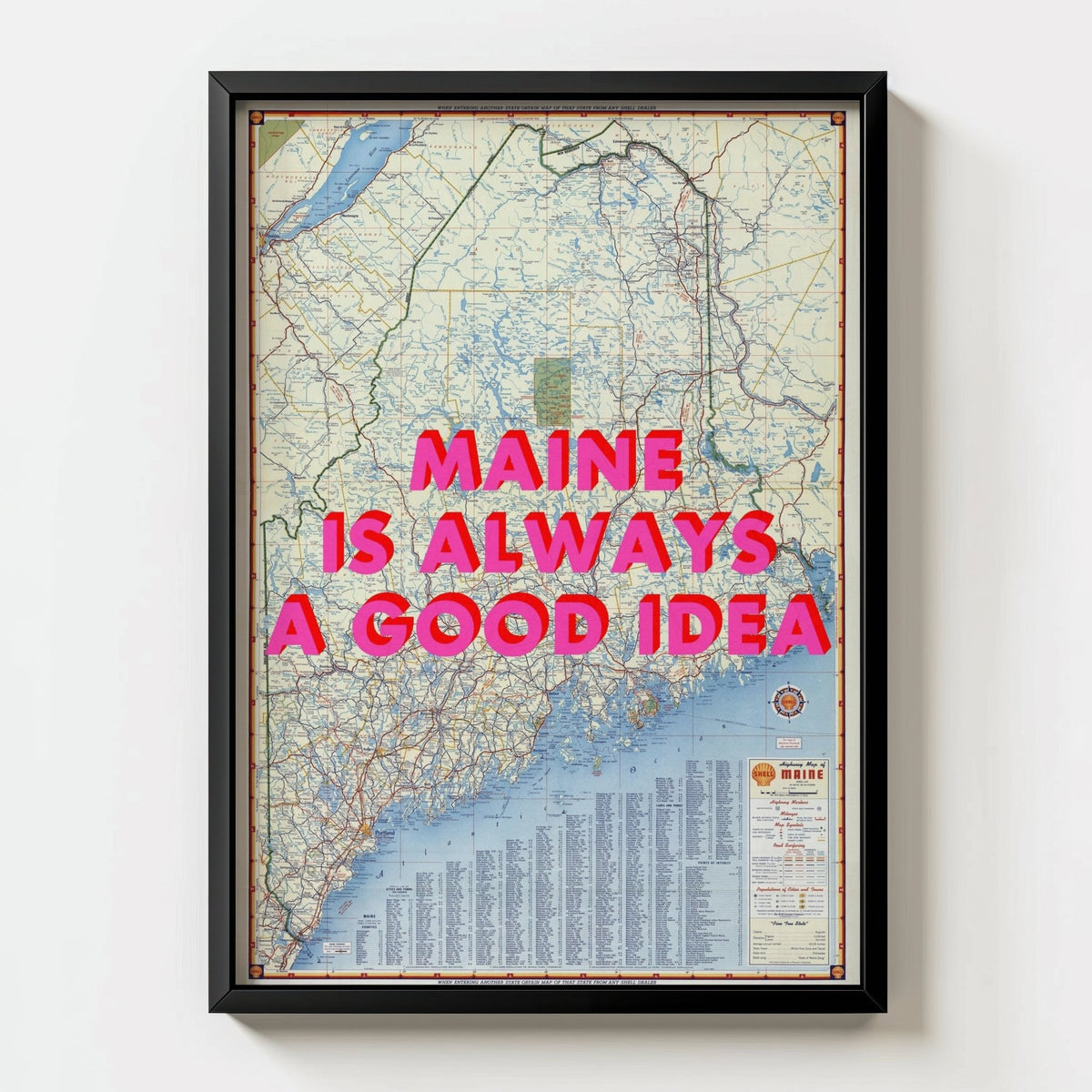 Maine Retro Pop Art Map Print - black frame mockup - Magic Posters