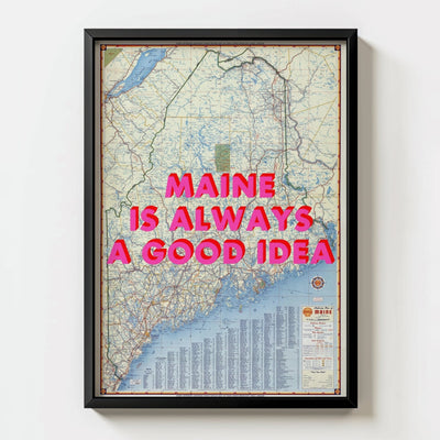 Maine Retro Pop Art Map Print - black frame mockup - Magic Posters