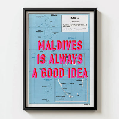 Maldives Retro Pop Art Map Print (portrait) - black frame mockup - Magic Posters Bold