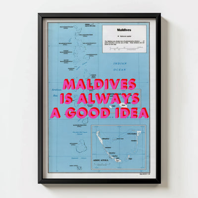Maldives Retro Pop Art Map Print (portrait) - black frame mockup - Magic Posters