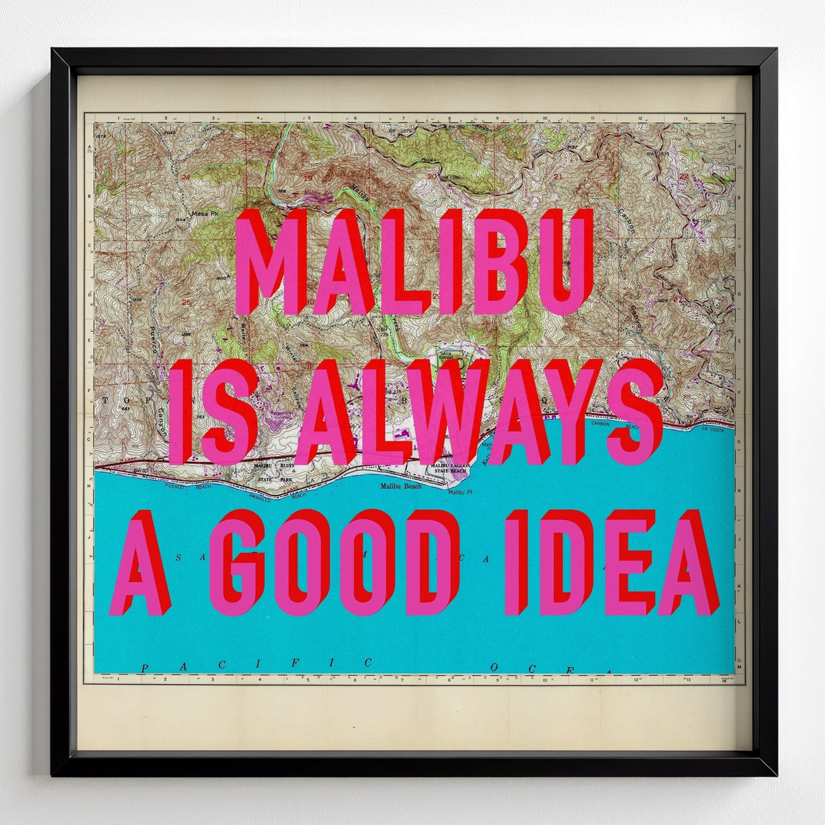 Malibu California Retro Pop Art Map Print (Square) - black frame mockup - Magic Posters