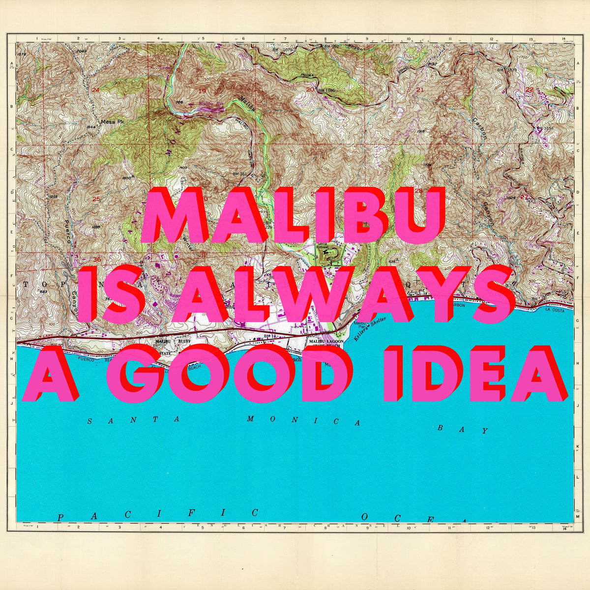 Malibu California Retro Pop Art Map Print (Square)