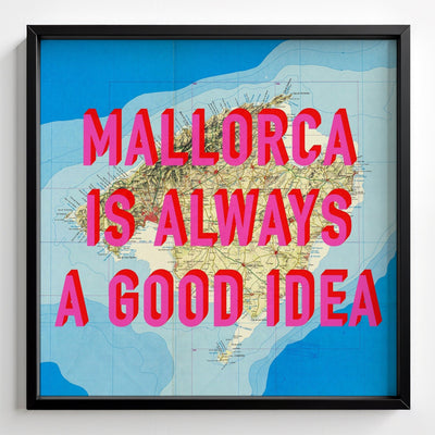 Mallorca Retro Pop Art Map Print - black frame mockup - Magic Posters