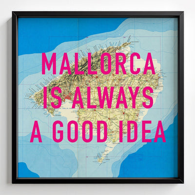 Mallorca Retro Pop Art Map Print - black frame mockup - Magic Posters
