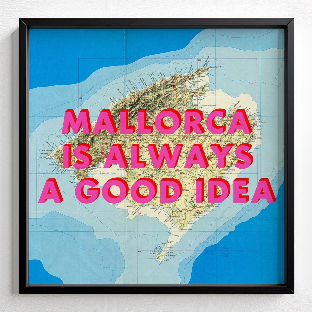 Mallorca Retro Pop Art Map Print - black frame mockup - Magic Posters