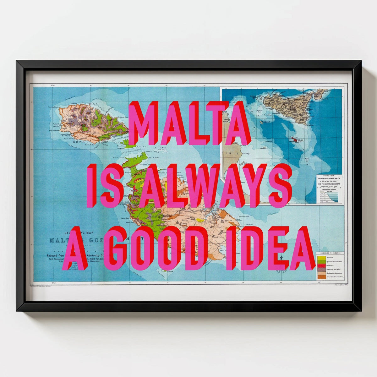 Malta Retro Pop Art Map Print - black frame mockup - Magic Posters