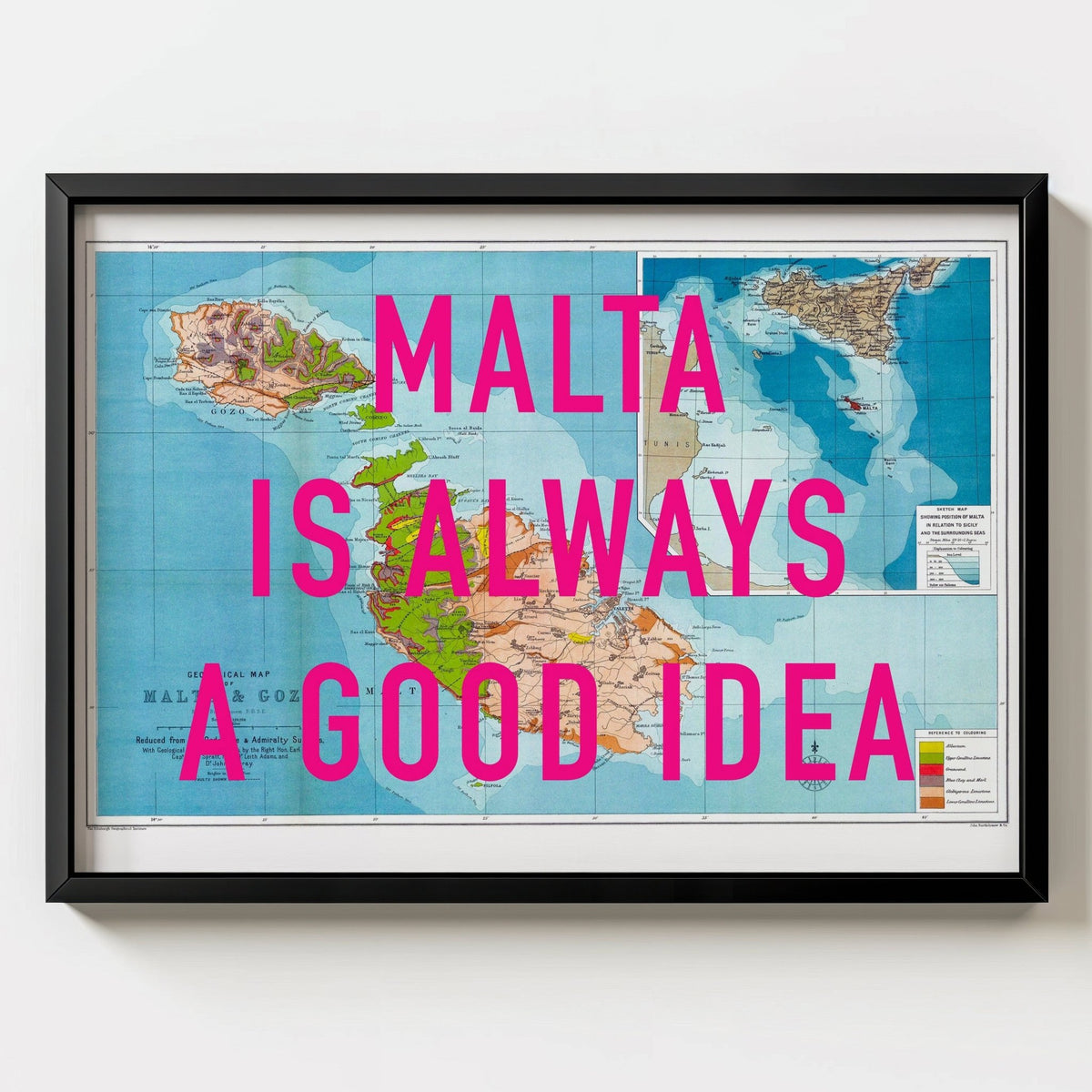 Malta Retro Pop Art Map Print - black frame mockup - Magic Posters