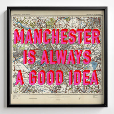 Manchester Retro Pop Art Map Print - black frame mockup - Magic Posters