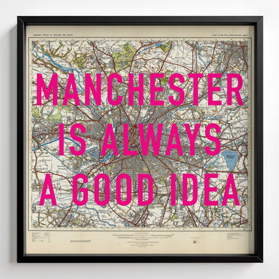 Manchester Retro Pop Art Map Print - black frame mockup - Magic Posters