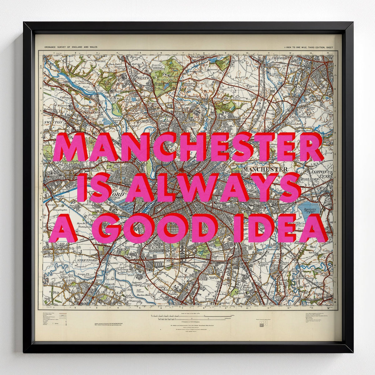 Manchester Retro Pop Art Map Print - black frame mockup - Magic Posters