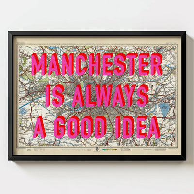 Manchester Retro Pop Art Map Print - black frame mockup - Magic Posters