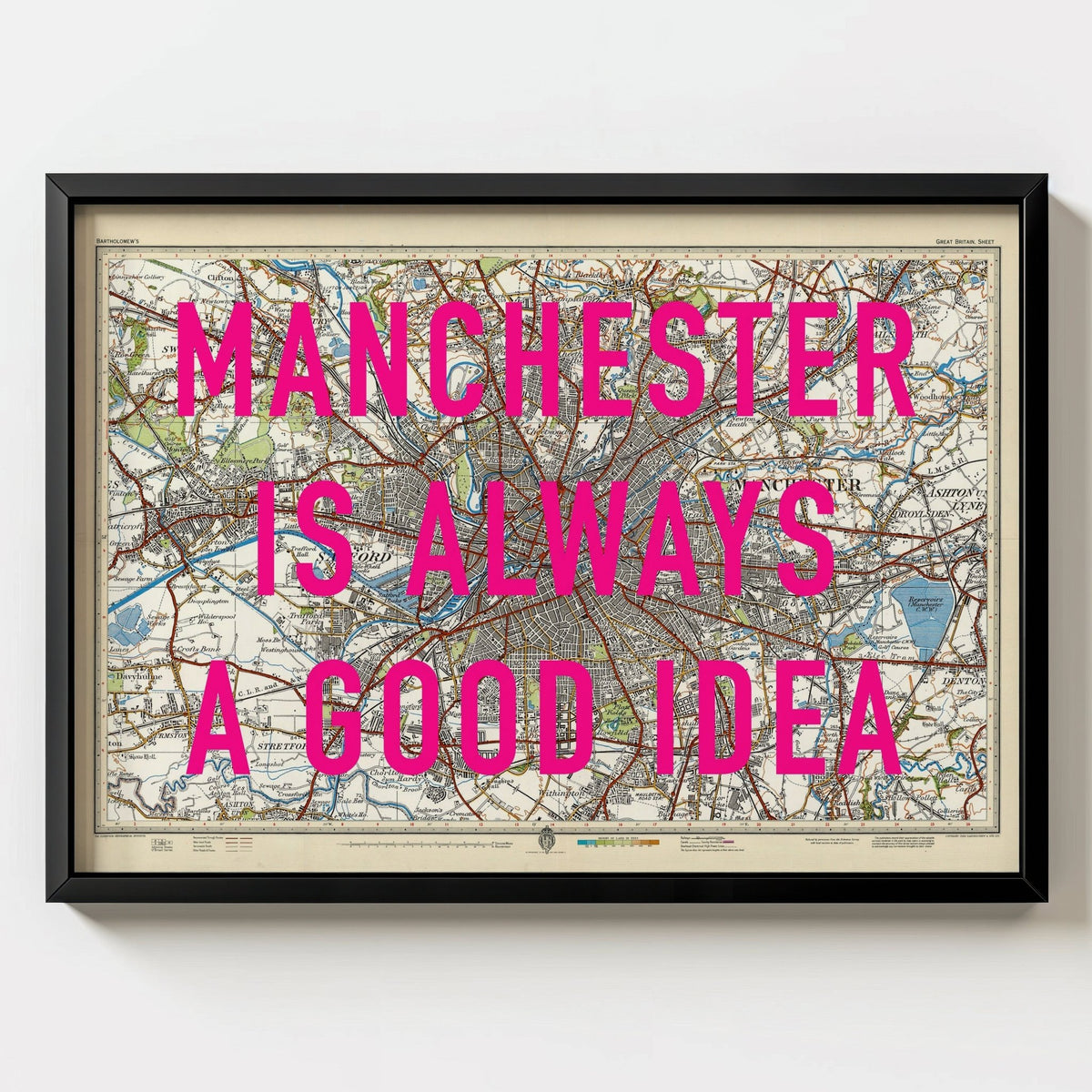 Manchester Retro Pop Art Map Print - black frame mockup - Magic Posters