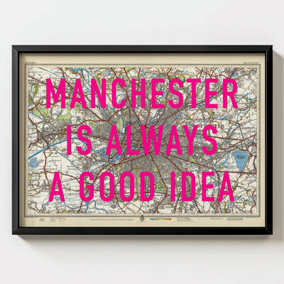 Manchester Retro Pop Art Map Print - black frame mockup - Magic Posters