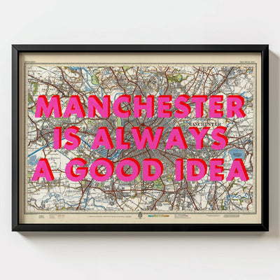Manchester Retro Pop Art Map Print - black frame mockup - Magic Posters