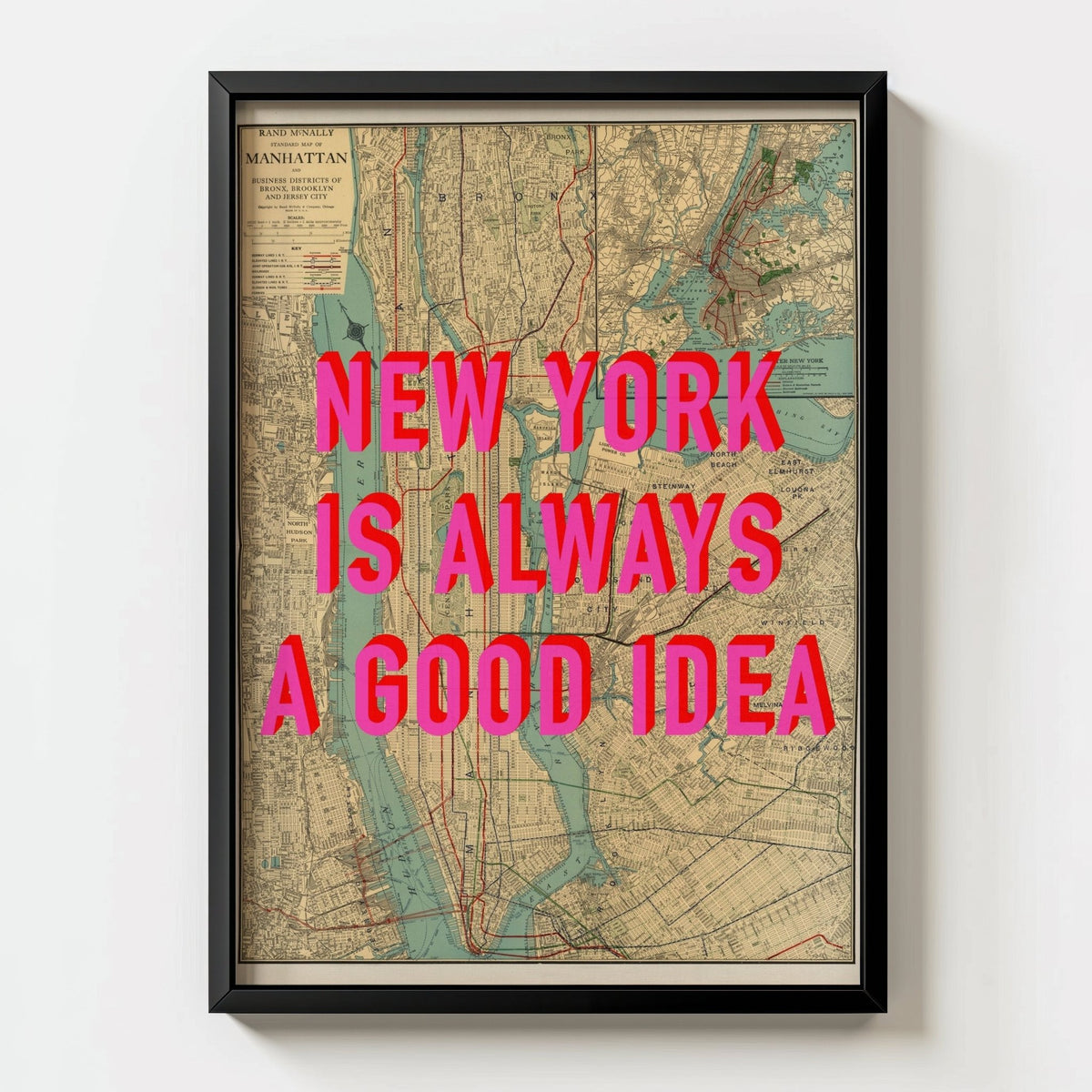 Manhattan New York Retro Pop Art Map Print - black frame mockup - Magic Posters