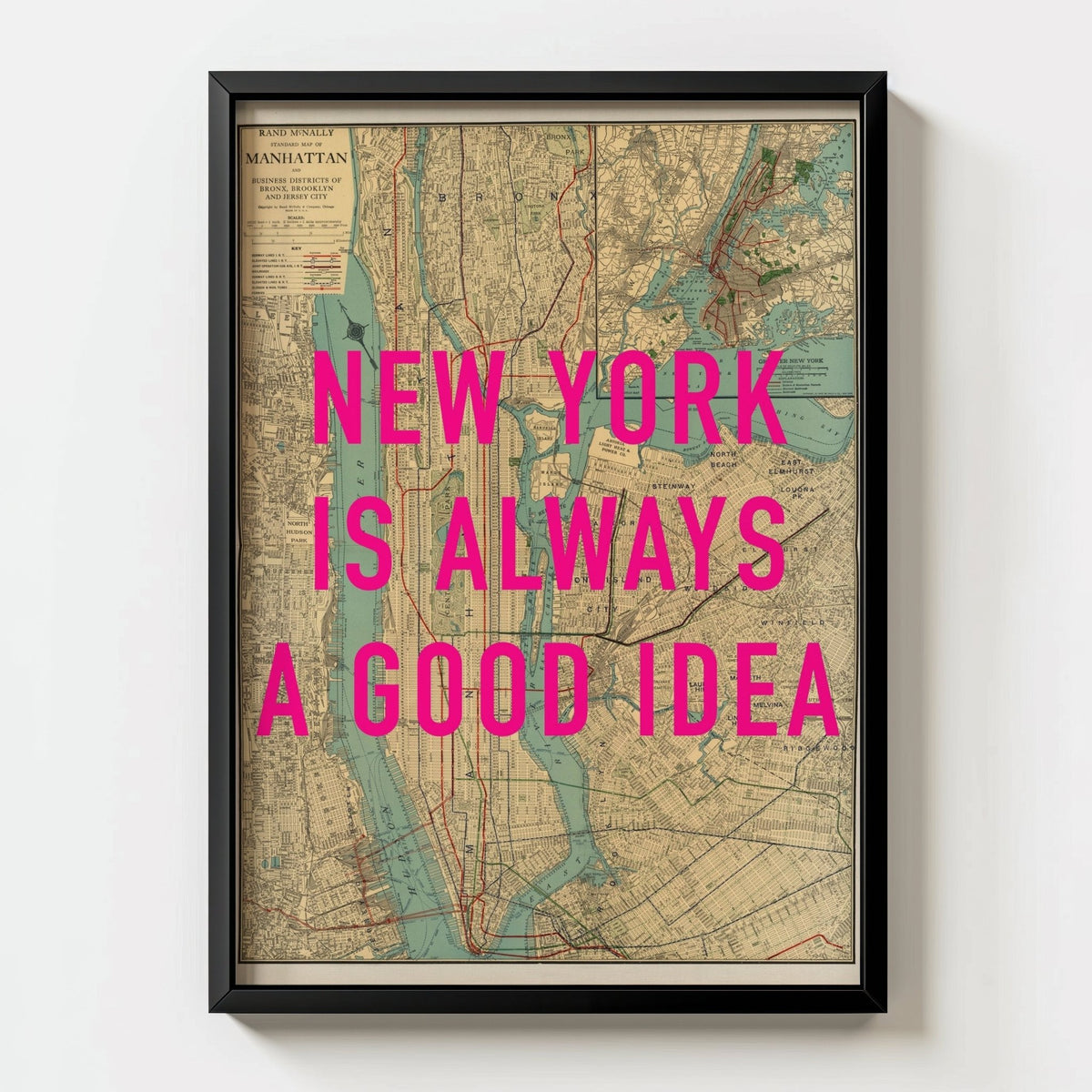 Manhattan New York Retro Pop Art Map Print - black frame mockup - Magic Posters