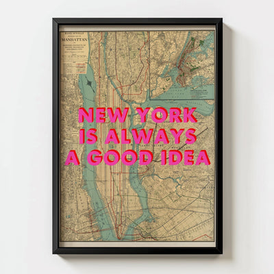 Manhattan New York Retro Pop Art Map Print - black frame mockup - Magic Posters