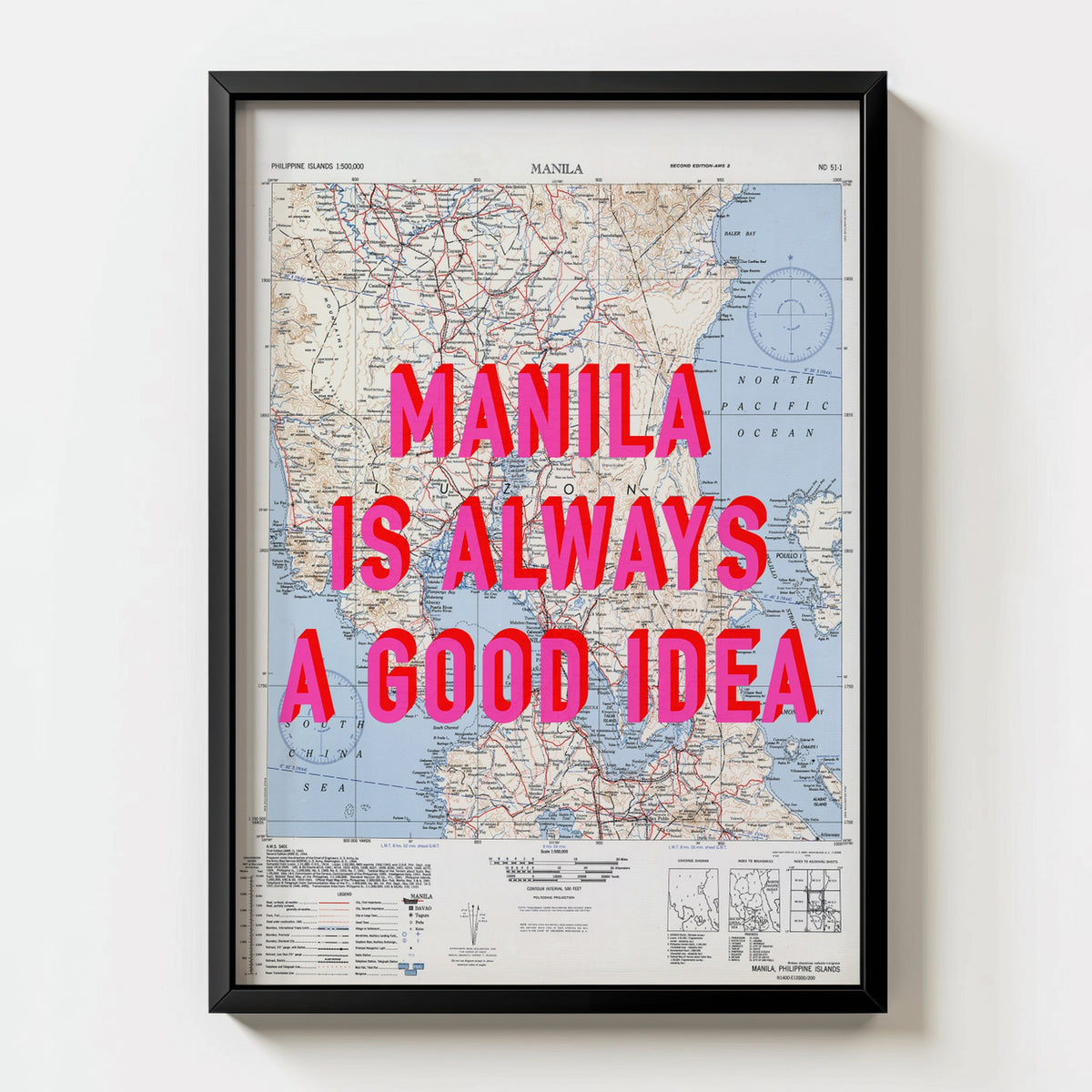 Manila Retro Pop Art Map Print (portrait) - black frame mockup - Magic Posters Bold