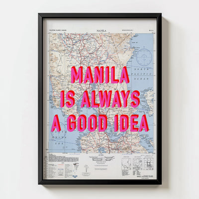 Manila Retro Pop Art Map Print (portrait) - black frame mockup - Magic Posters Bold