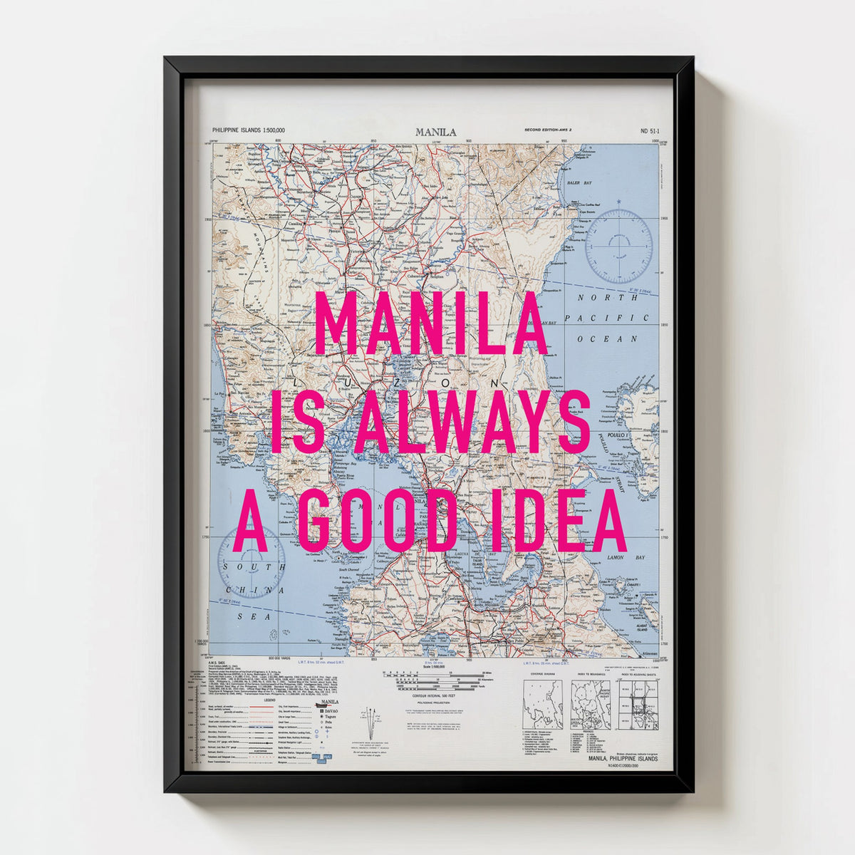 Manila Retro Pop Art Map Print (portrait) - black frame mockup - Magic Posters