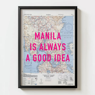 Manila Retro Pop Art Map Print (portrait) - black frame mockup - Magic Posters