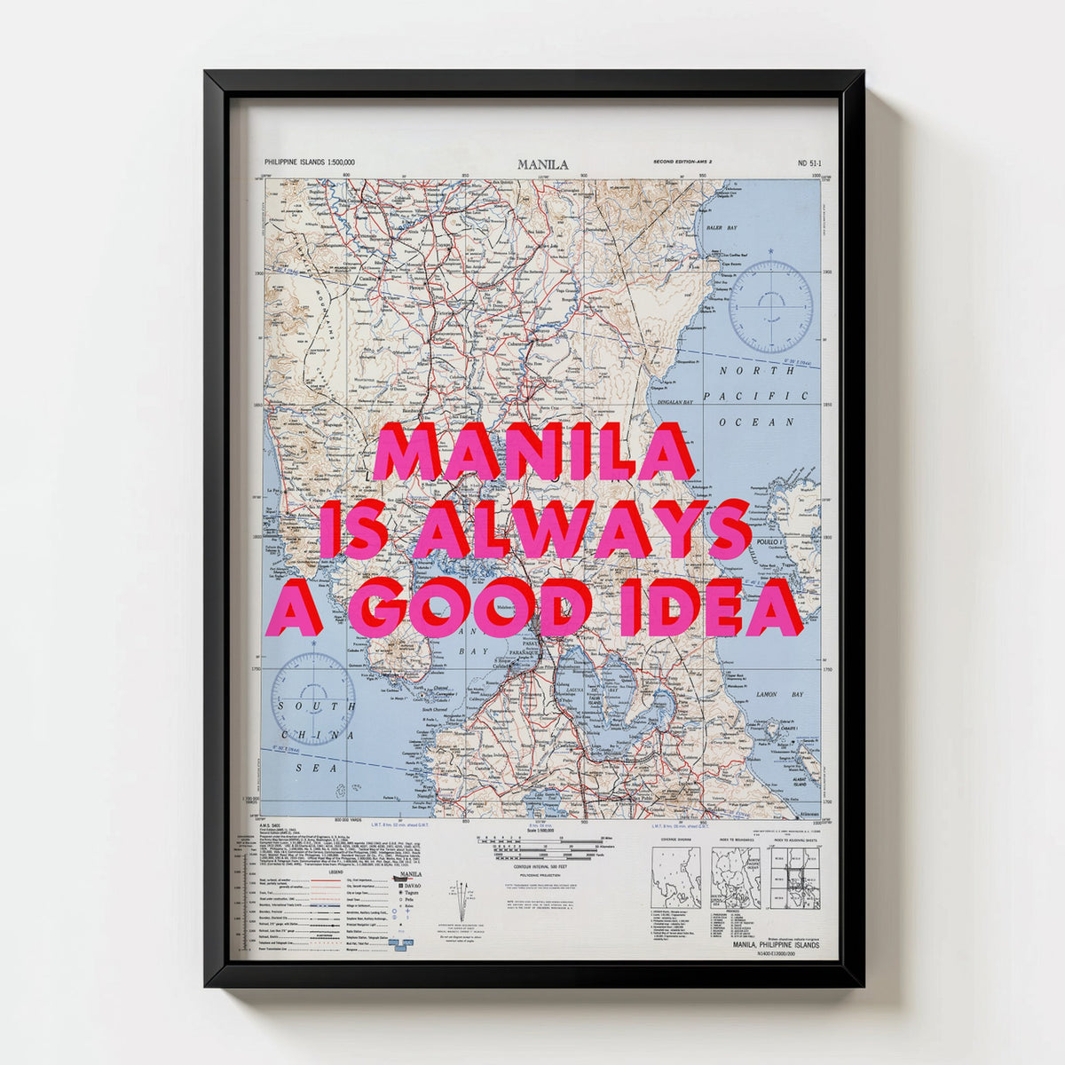 Manila Retro Pop Art Map Print (portrait) - black frame mockup - Magic Posters