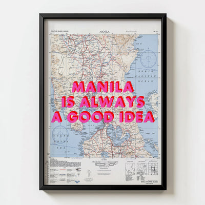 Manila Retro Pop Art Map Print (portrait) - black frame mockup - Magic Posters