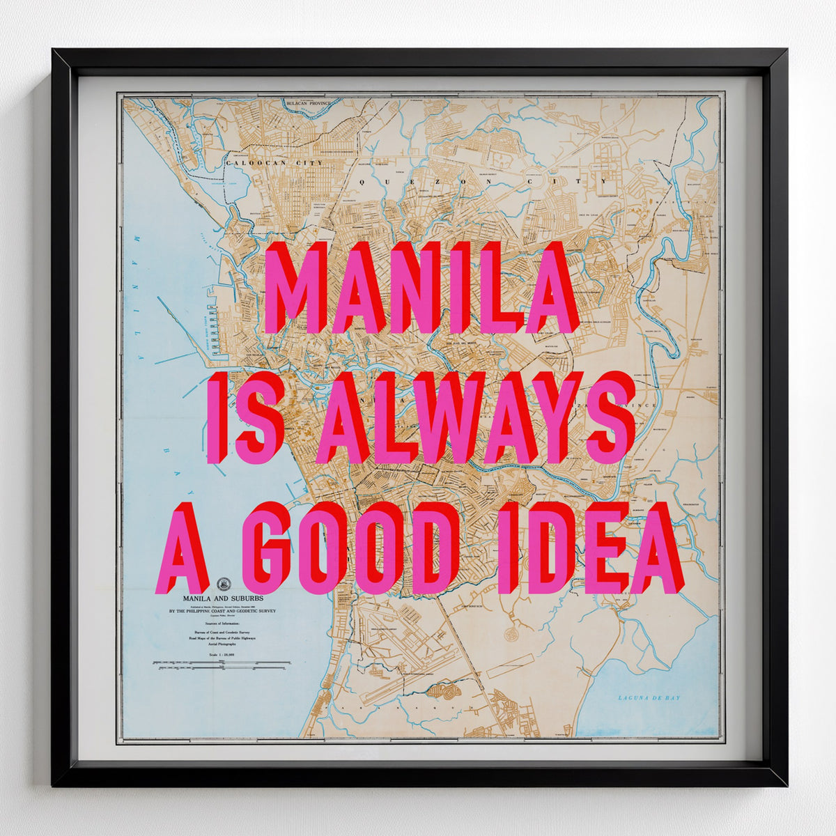 Manila Retro Pop Art Map Print (square) - black frame mockup - Magic Posters Bold