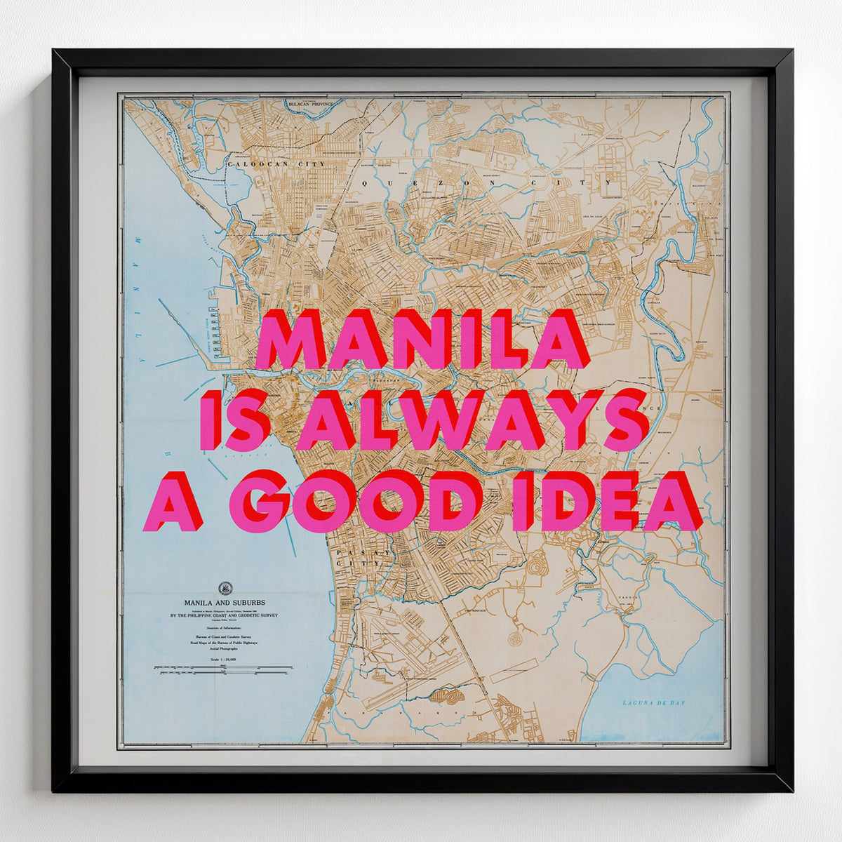 Manila Retro Pop Art Map Print (square) - black frame mockup - Magic Posters