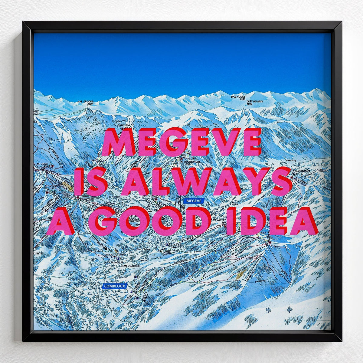 Megeve Retro Pop Art Ski Map Print - black frame mockup - Magic Posters