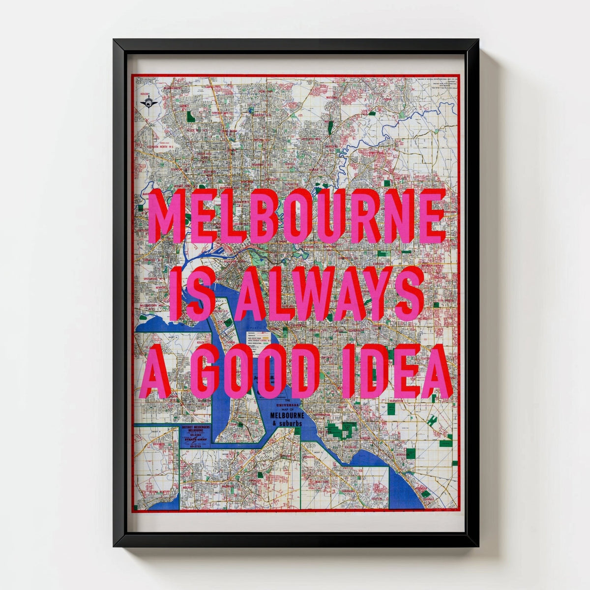 Melbourne Retro Pop Art Map Print - black frame mockup - Magic Posters