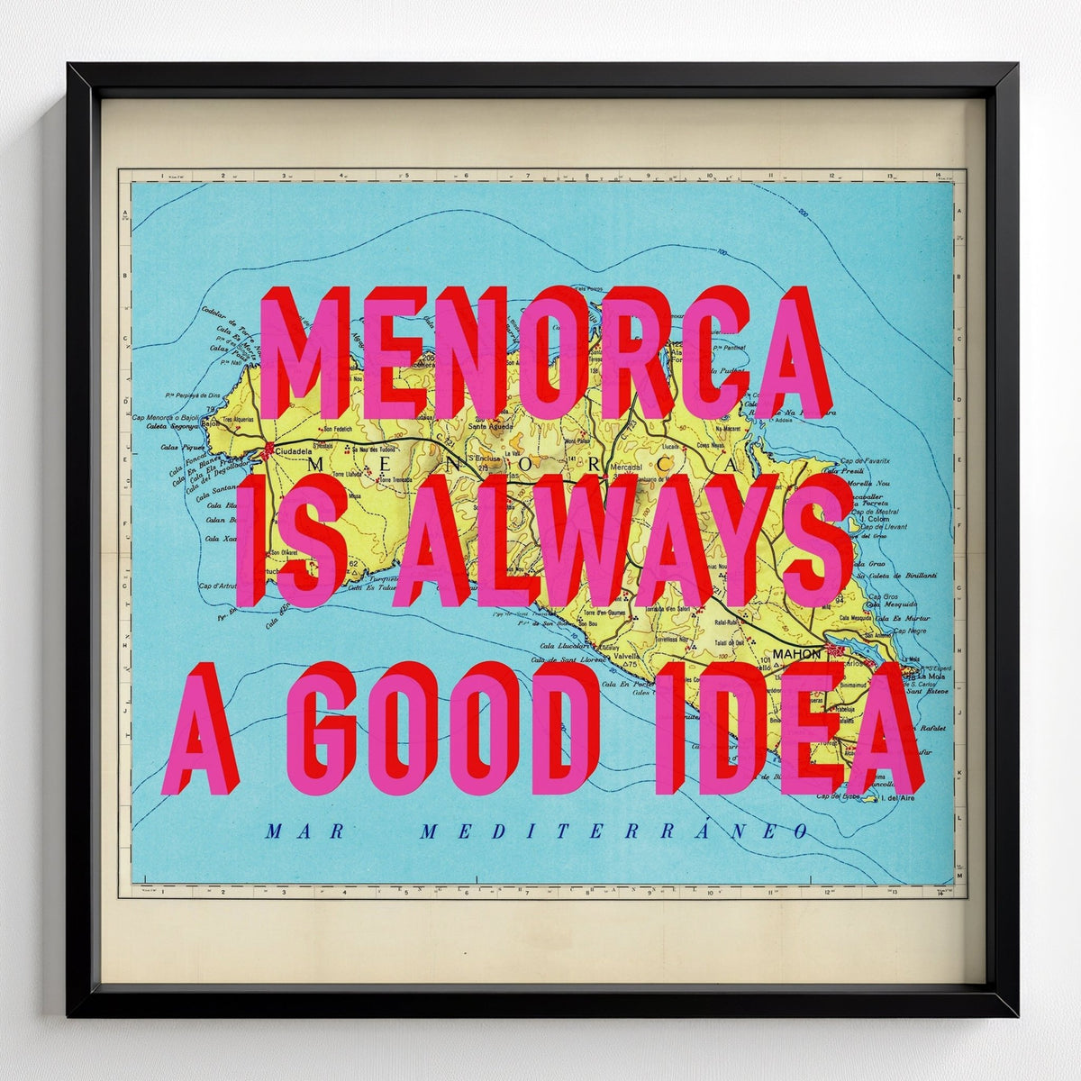 Menorca Retro Pop Art Map Print - black frame mockup - Magic Posters