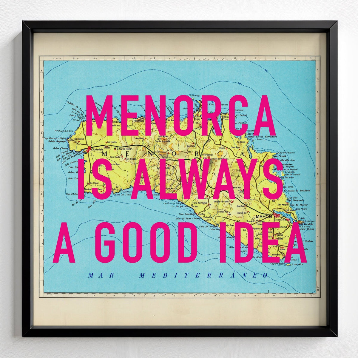 Menorca Retro Pop Art Map Print - black frame mockup - Magic Posters
