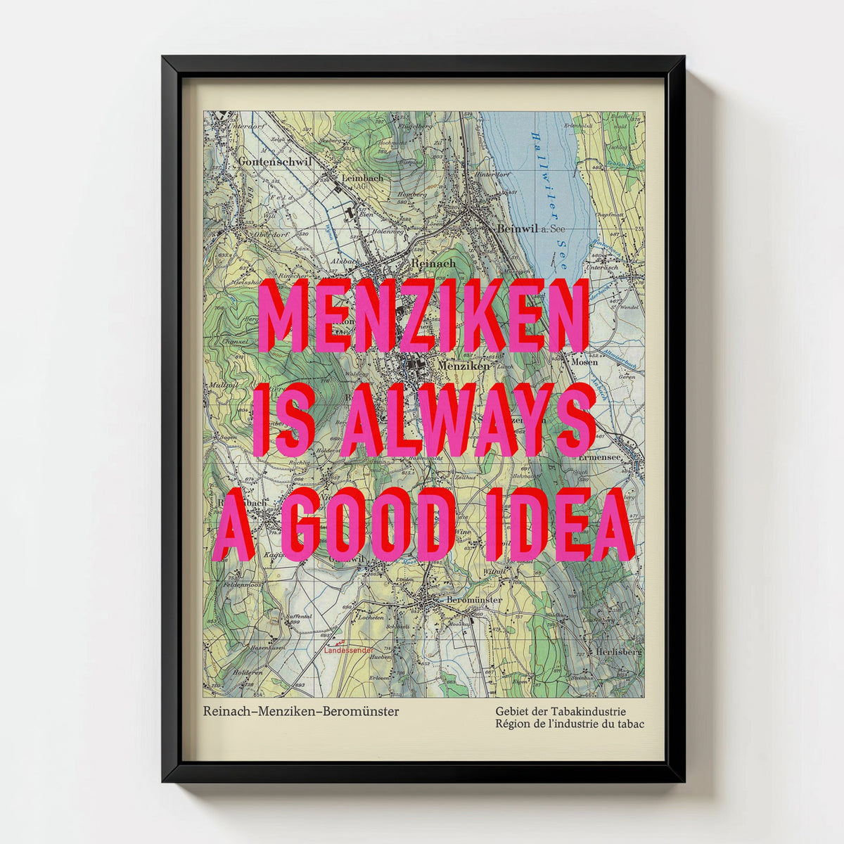 Menziken Retro Pop Art Map Print (portrait) - black frame mockup - Magic Posters Bold