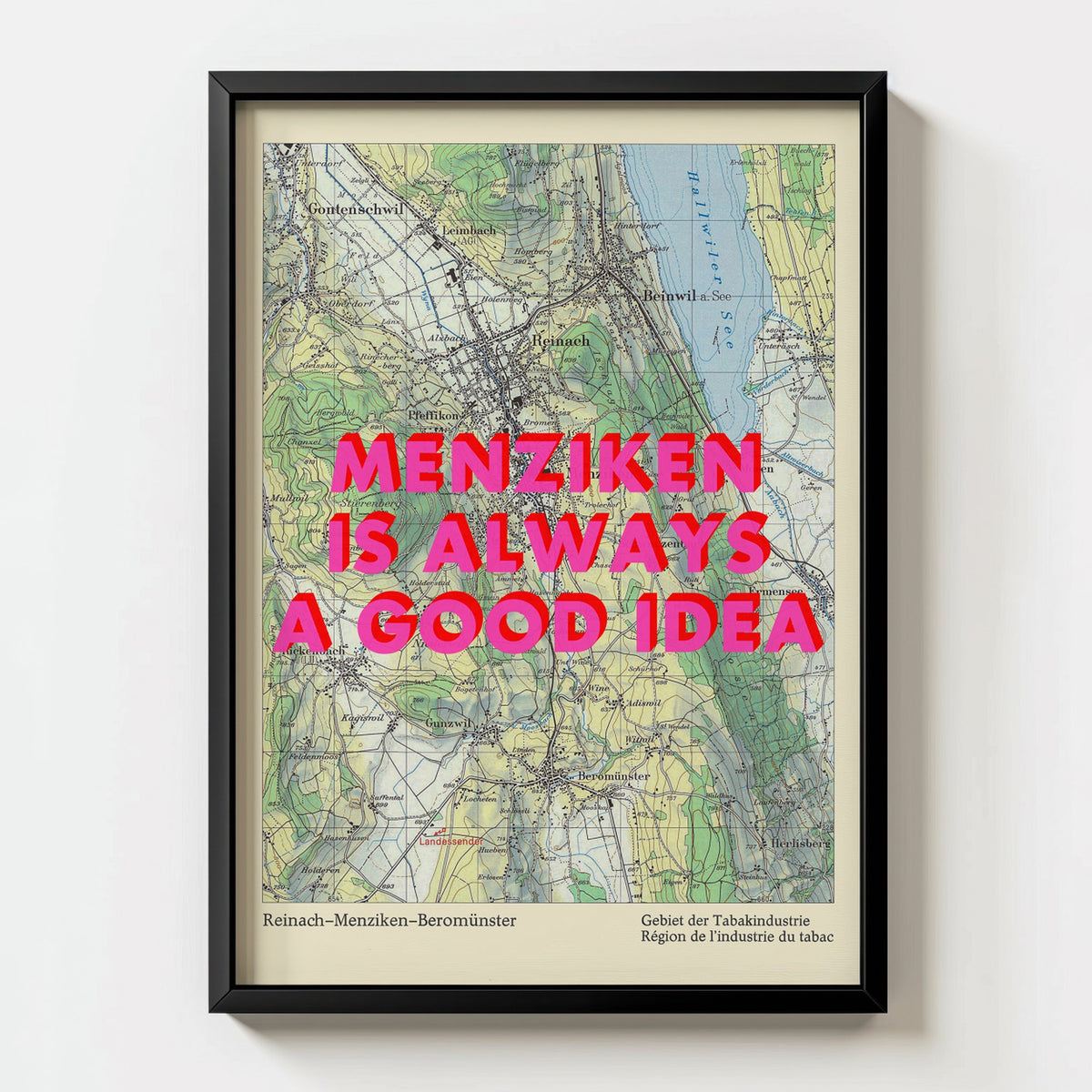Menziken Retro Pop Art Map Print (portrait) - black frame mockup - Magic Posters