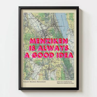 Menziken Retro Pop Art Map Print (portrait) - black frame mockup - Magic Posters