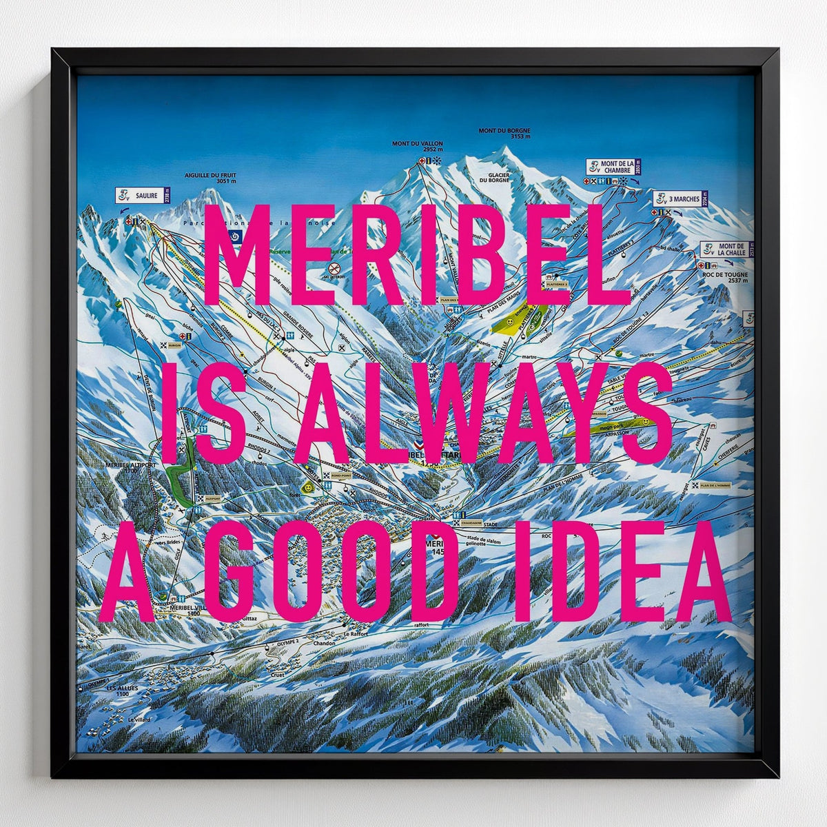 Meribel Retro Pop Art Ski Map Print - black frame mockup - Magic Posters