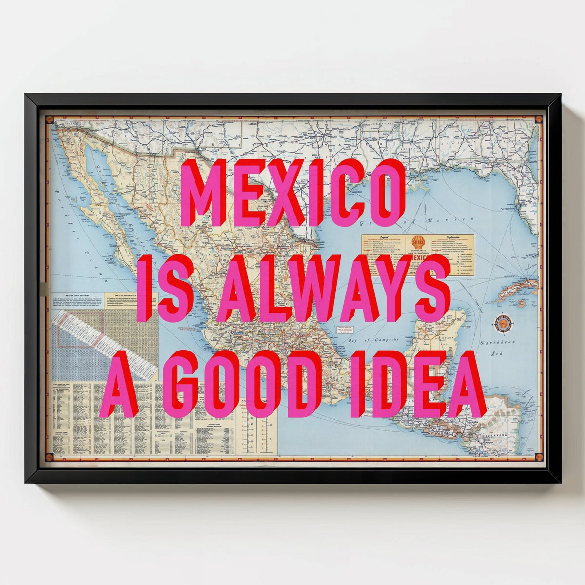 Mexico Retro Pop Art Map Print (Landscape) - black frame mockup - Magic Posters