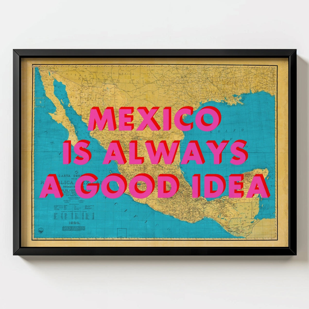 Mexico Retro Pop Art Map Print (Landscape v2) - black frame mockup - Magic Posters