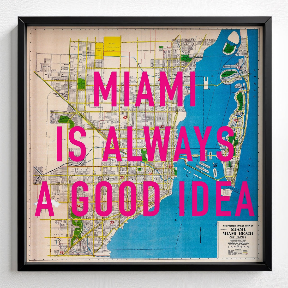 Miami Retro Pop Art Map Print (Square) - black frame mockup - Magic Posters
