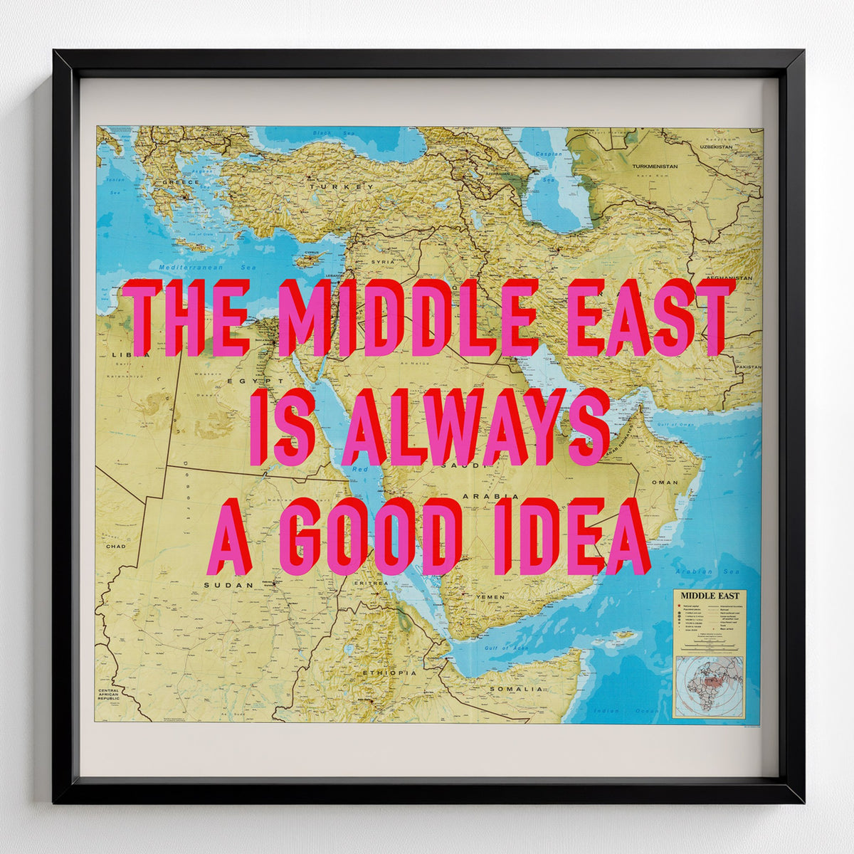 Middle East Retro Pop Art Map Print (square) - black frame mockup - Magic Posters Bold