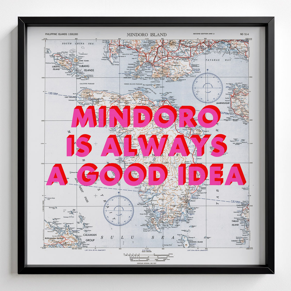 Mindoro Island Retro Pop Art Map Print (square) - black frame mockup - Magic Posters