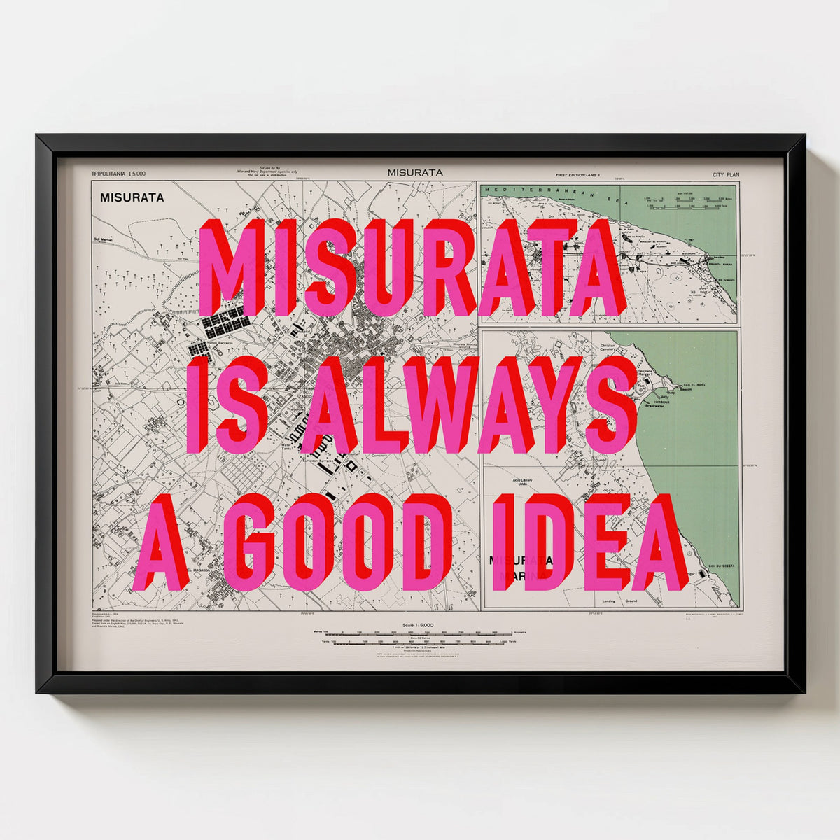 Misurata Retro Pop Art Map Print (landscape) - black frame mockup - Magic Posters Bold