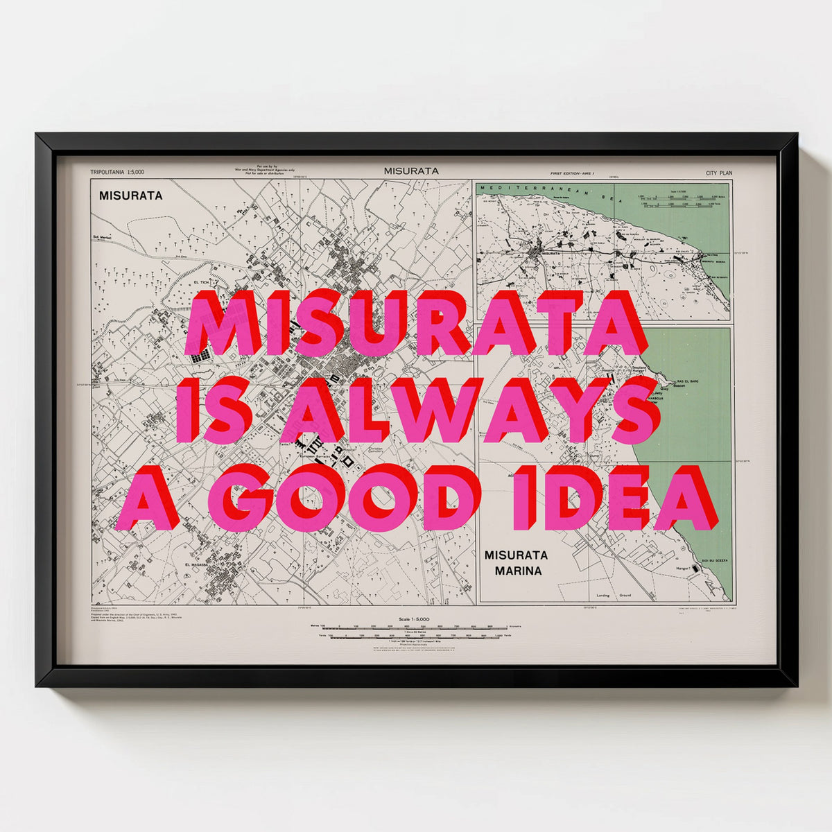 Misurata Retro Pop Art Map Print (landscape) - black frame mockup - Magic Posters